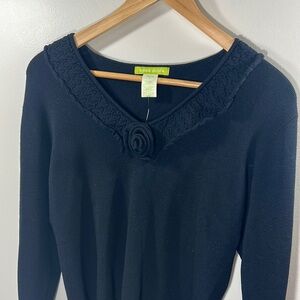 NWT Vintage Sigrid Olsen Black Floral Accent Crochet Collar Bell Sleeve Sweater